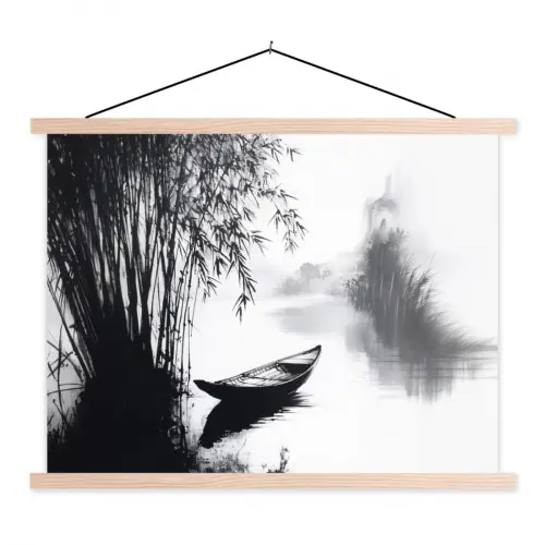 Boot - Rivier - Bamboe - Wit textielposter latten blank klein -3d