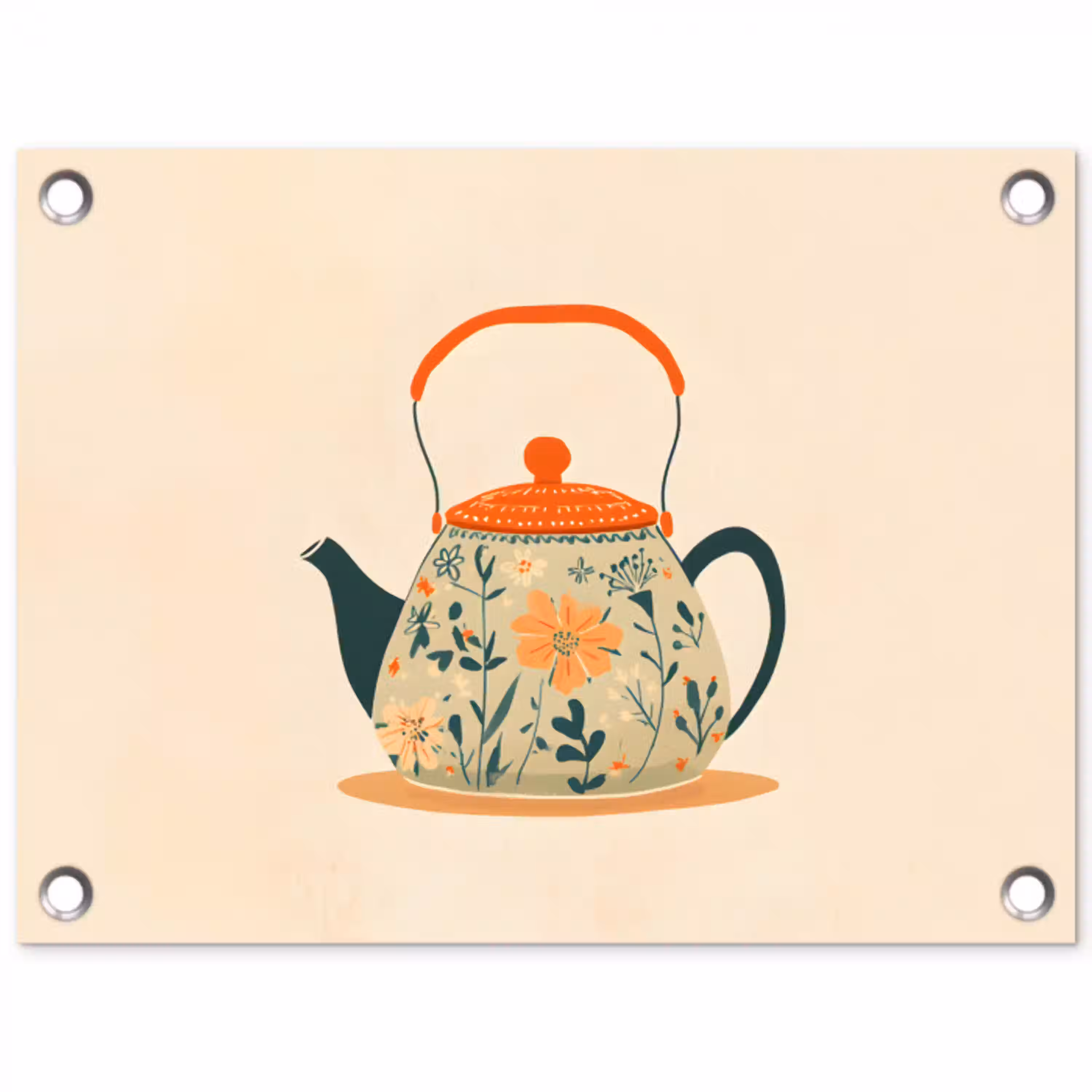 Oranje - Theepot - Bloemen - Bladeren tuinposter los doek klein -3d