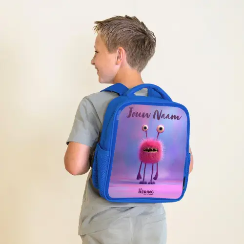 Roze harig monster met grote ogen Kinderrugzak - Blauw middel -sfeer2
