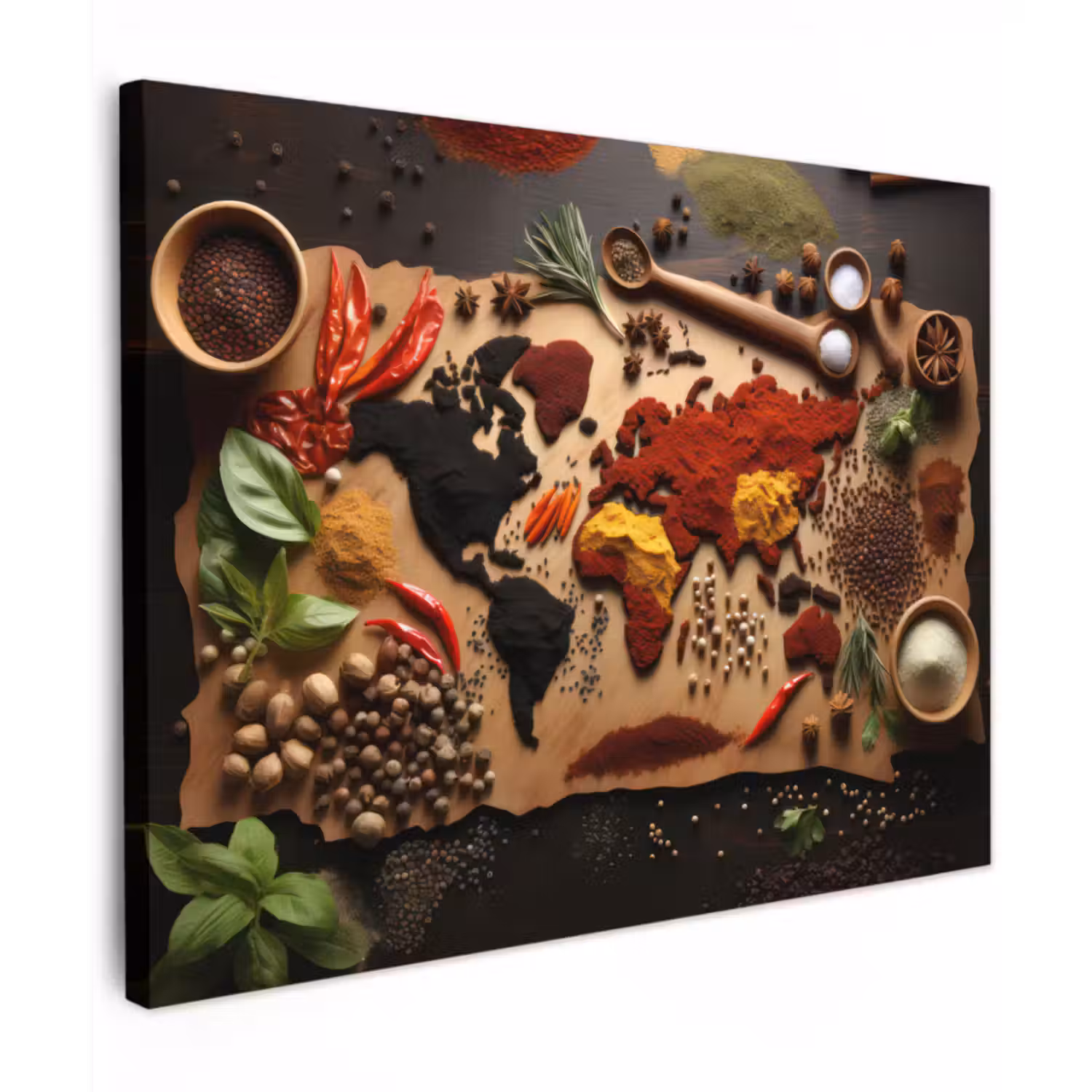 Canvas schilderij - Kruiden - Specerijen - Wereldkaart - Bruin - Lepel - Kleurrijk