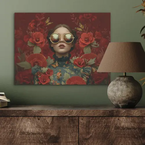 Bloemen - Dieprood - Zonnebril - Vrouw PET vilt klein -sfeer2