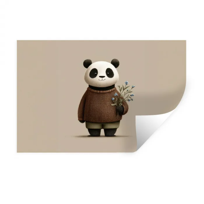 Panda - Blauwe bloemen - Zachtheid Muursticker klein -3d