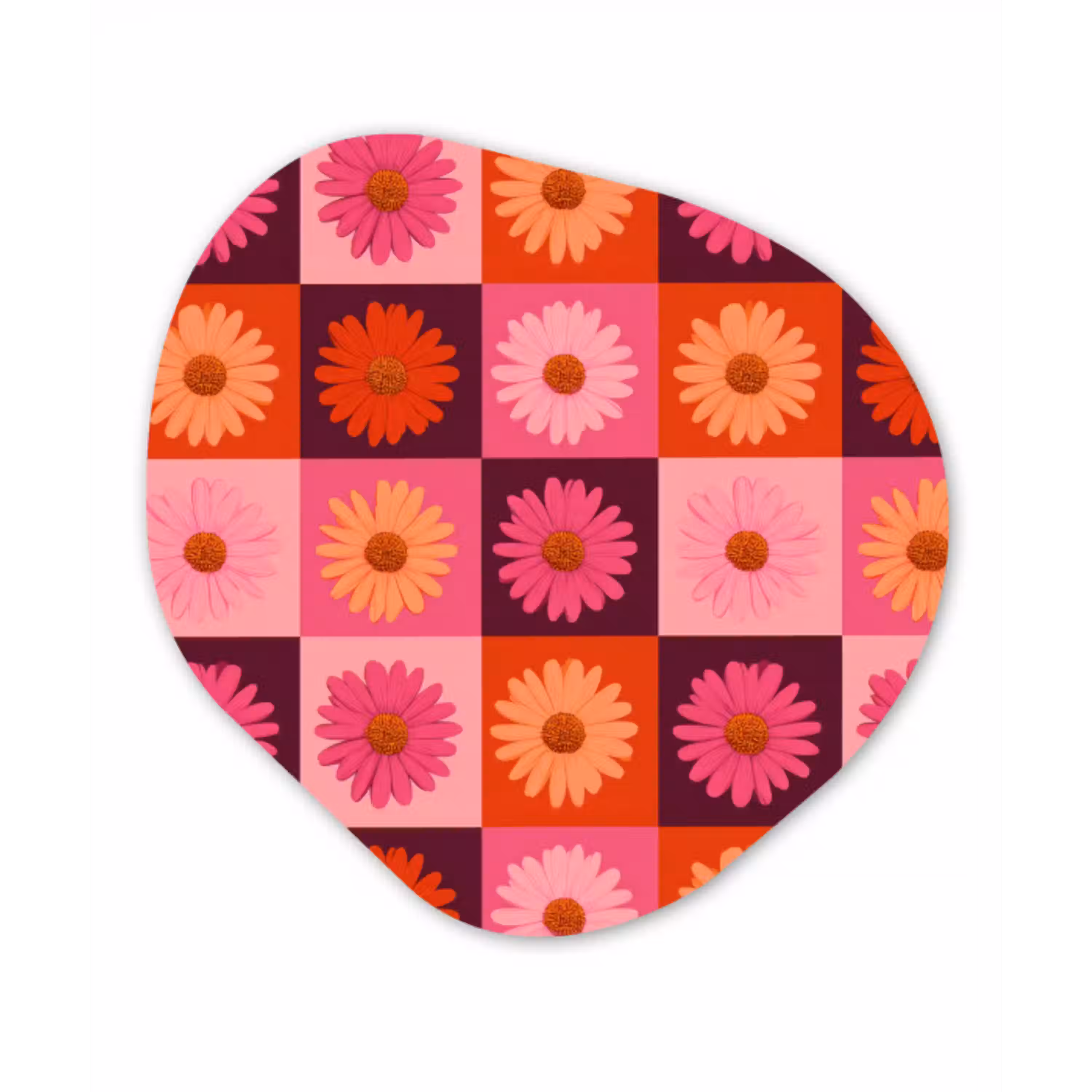 Madeliefjes - Dambord - Retro - Roze - Oranje Wandcirkel Organisch Aluminium middel 851 -3d