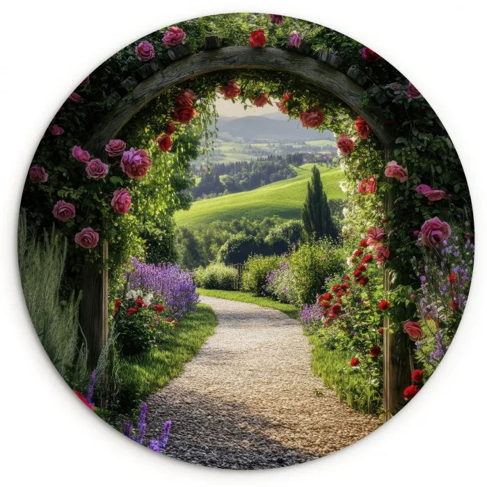 Doorkijk - Tuinboog - Bloemen - Natuur - Pad Wandcirkel kunststof plaat 5mm dik klein -3d