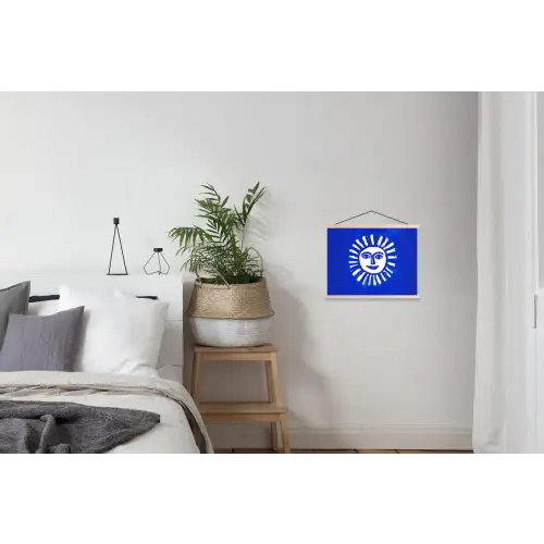 Zon - Gezicht - Penseelstructuur - Blauw textielposter latten blank klein -woonkamer