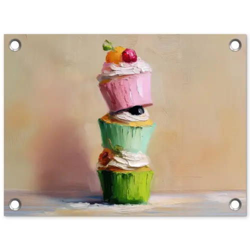 Cupcakes - Gestapeld - Kleurrijk - Fruit tuinposter los doek klein -3d