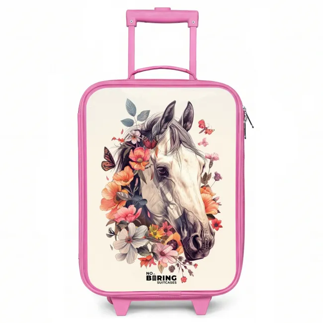 Kinderkoffer - Roze - Wit paardenhoofd omringd door bloemen en vlinders