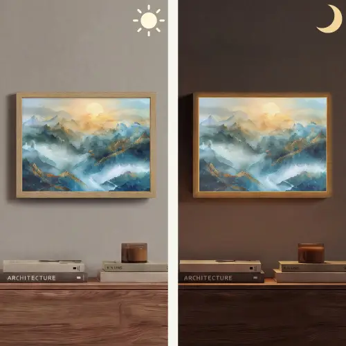 Abstract - Landschap - Bergen - Blauw - Modern Light Box met batterij (Wandlamp) middel -sfeer3