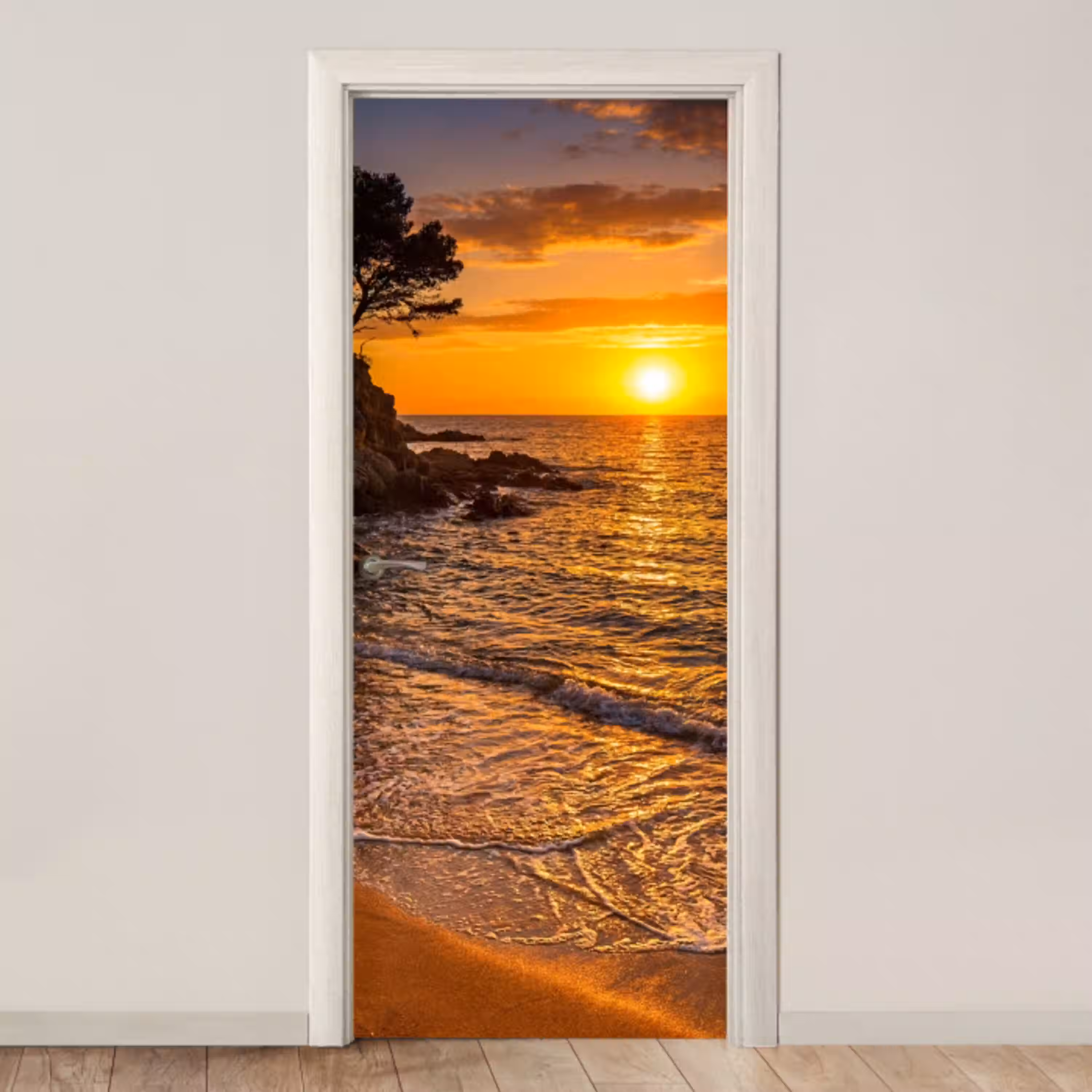 Zee - Kust - Zonsondergang - Natuur - Oranje deurposter klein -3d_beige