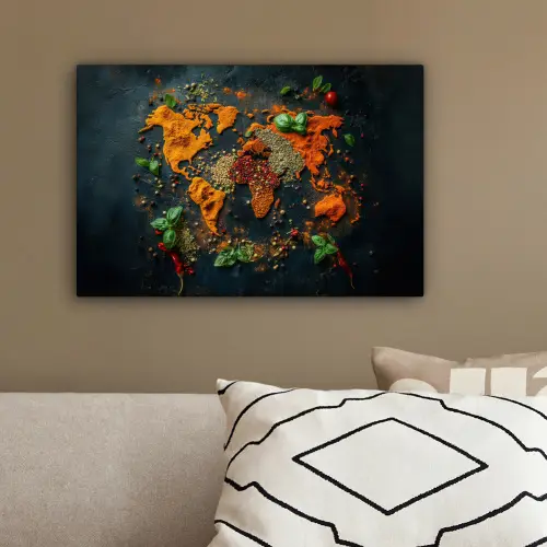 Wereldkaart - Kruiden - Levendige kleuren canvas 2cm klein -sfeer3