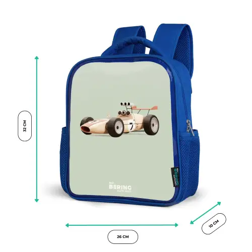 Beige retro raceauto op groen achtergrond Kinderrugzak - Blauw middel -productfoto_formaten
