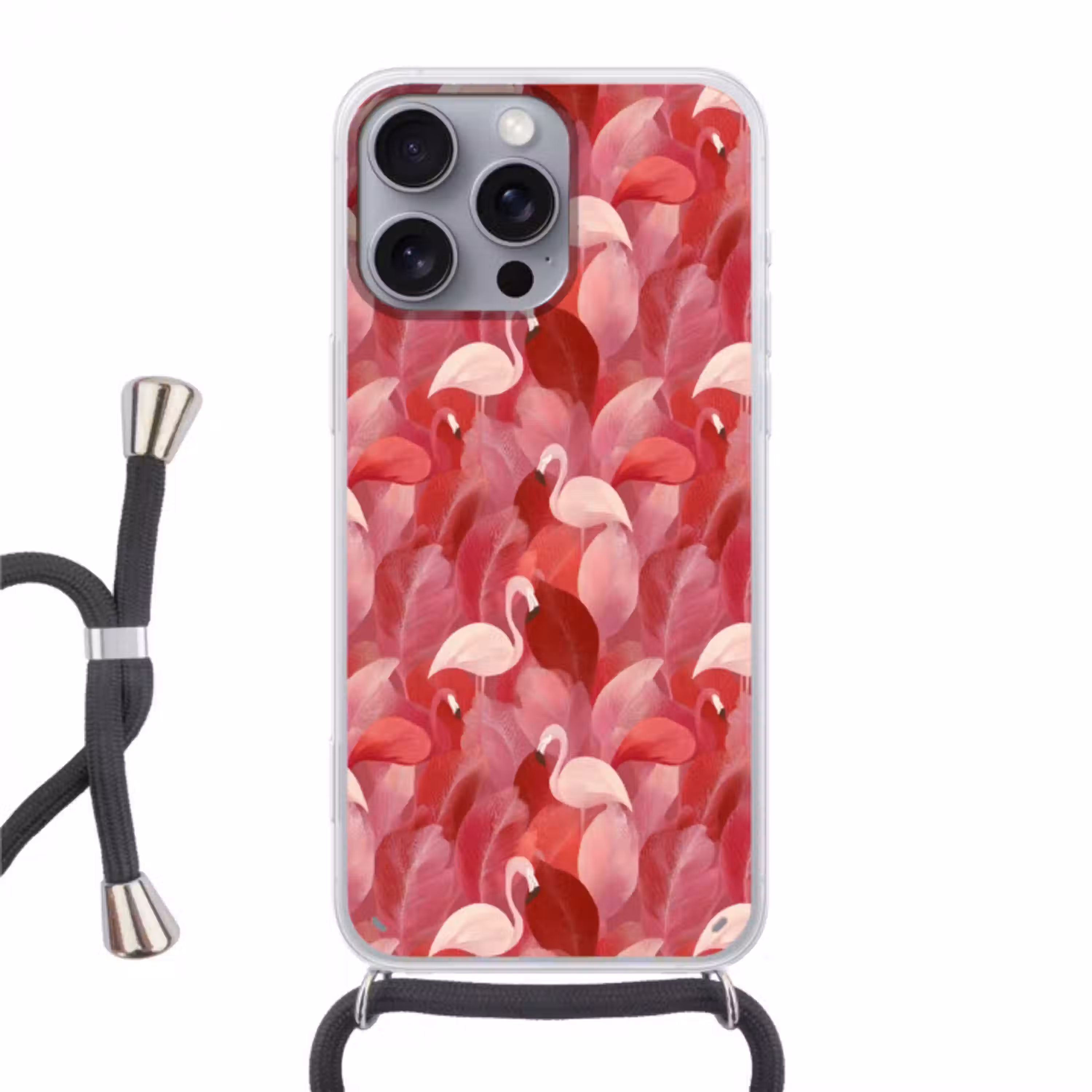 Flamingo - Botanisch - Elegant - Roze - Rood Hoesje iPhone 16 Pro Max met koord klein 804 -3d