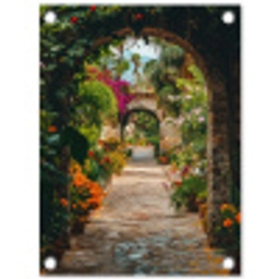 Doorkijk - Bloemen - Poort - Stenen tuinposter los doek klein -3d