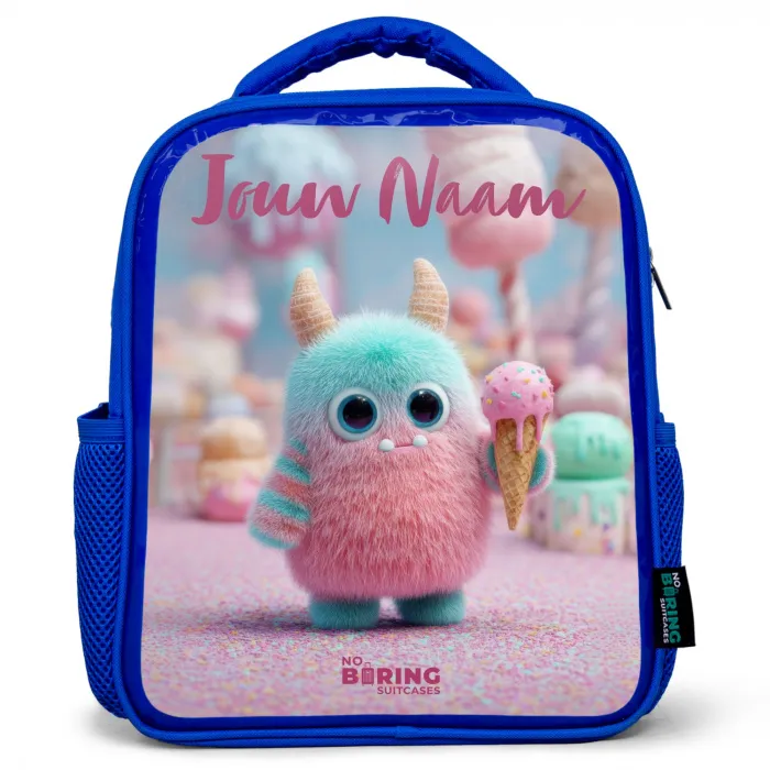 Zoet Monstersnoep Avontuur Kinderrugzak - Blauw middel -3d
