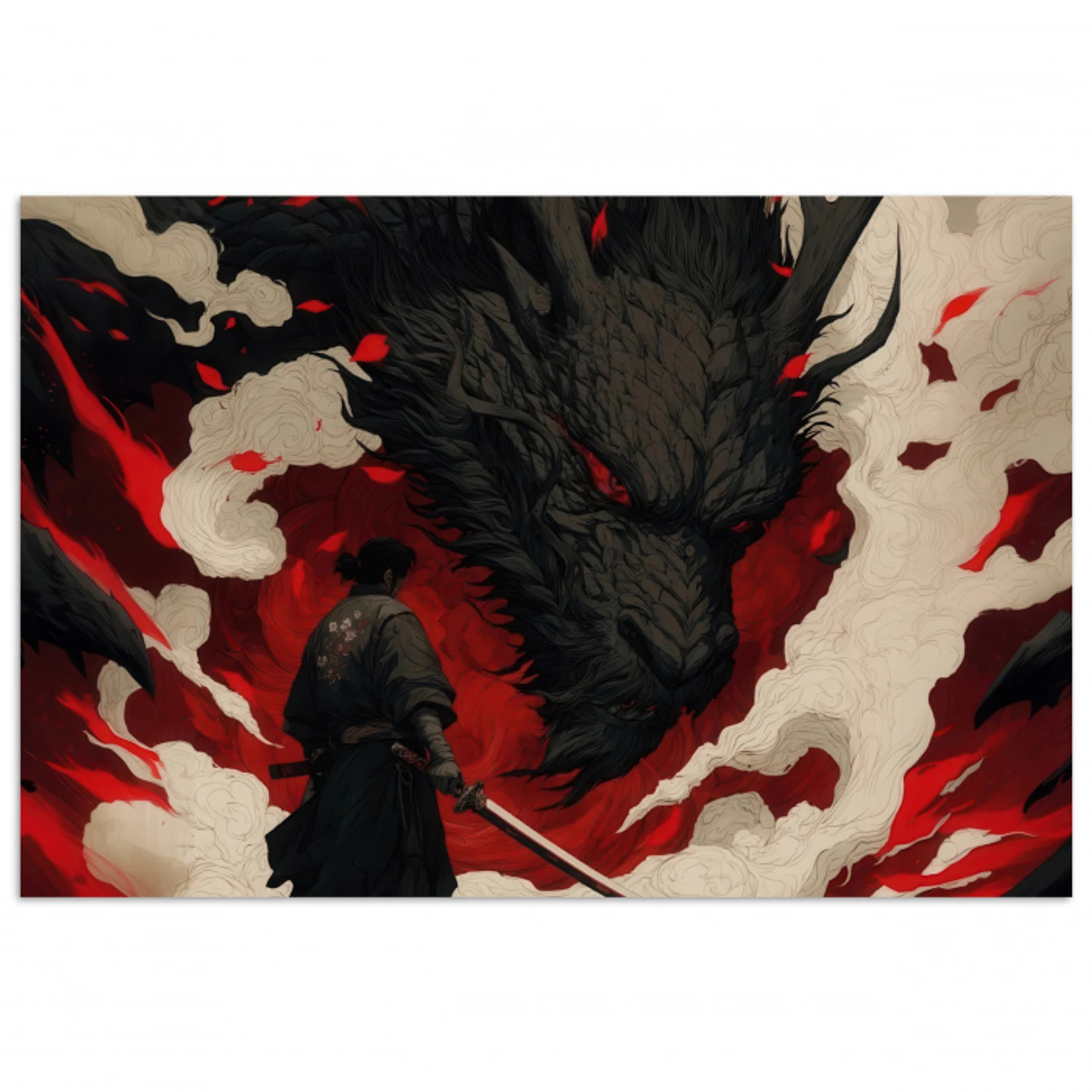 Krijger - Draak - Zwart - Rood - Rook poster papier klein -3d