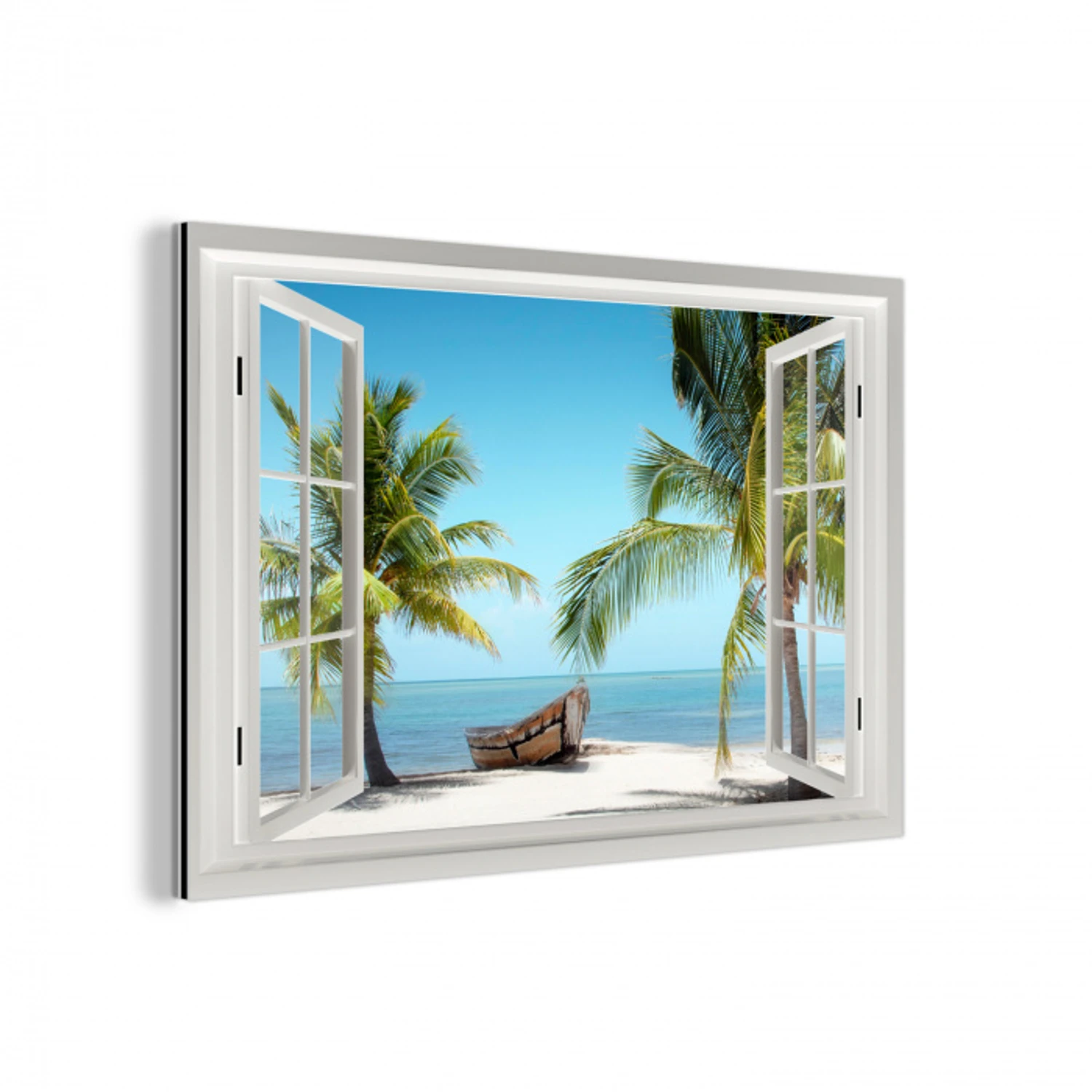 Doorkijk - Strand - Palmboom - Boot - Tropisch - Zee - Blauw aluminium wit klein -3d