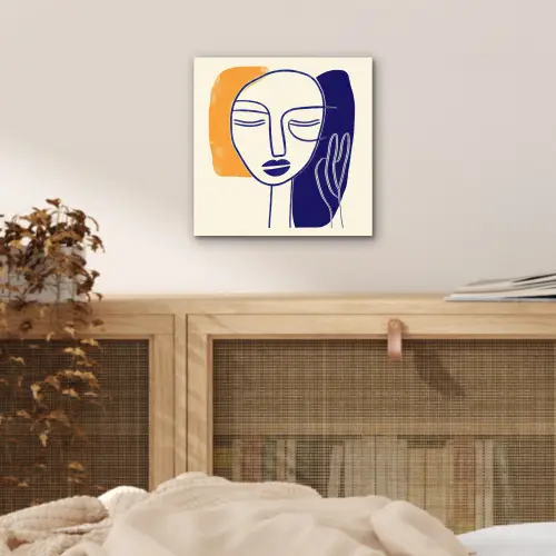 Minimalistisch - Gezicht - Hand - Oranje - Blauw aluminium wit klein -sfeer3