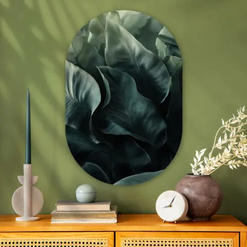 Groen - Bladeren - Glad - Nerven Wandcirkel Ovaal Glas middel -sfeer2