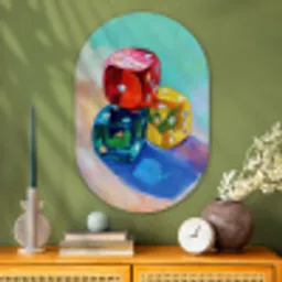 Dobbelstenen - Kleurrijk - Getallen - Stipjes Wandcirkel Ovaal Glas middel -sfeer2