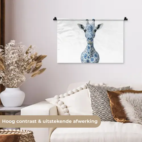 Giraffe - Delfts blauw - Dieren - Minimalistisch Wandkleed katoen klein -sfeer1