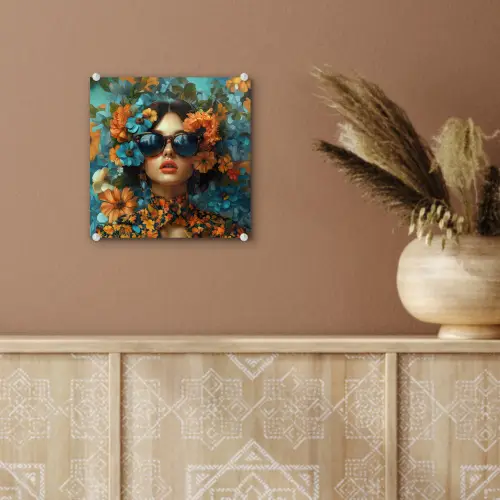 Vrouw - Bloemen - Oranje - Blauw - Modern plexiglas 5mm klein -sfeer5