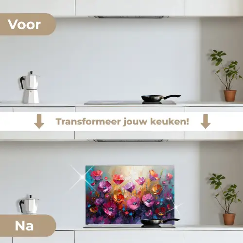 Bloemen - Botanisch - Kunst - Roze - Natuur keuken achterwand spatscherm klein -voor_na_NL