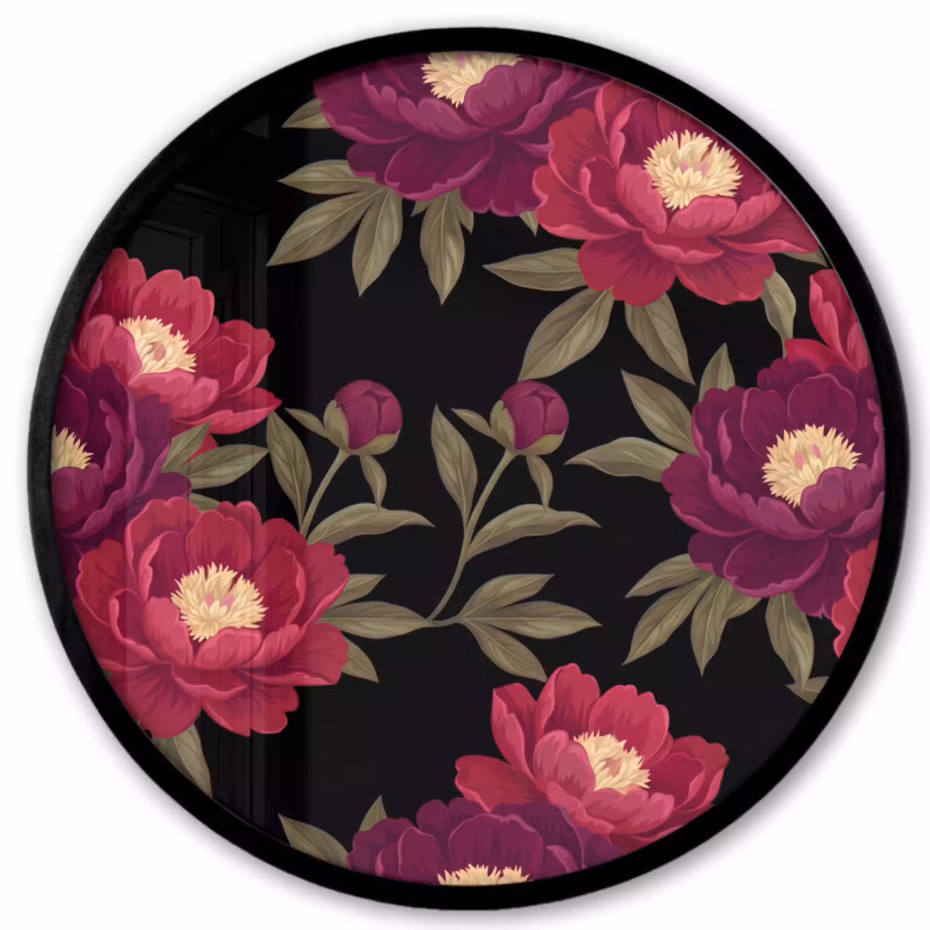 Bloemen - Patroon - Botanisch - Rood - Zwart Fotolijst rond zonder passe partout klein -3d