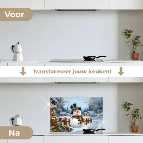 Sneeuwpop - Winterdorp - Kleurrijk keuken achterwand spatscherm klein -voor_na_NL
