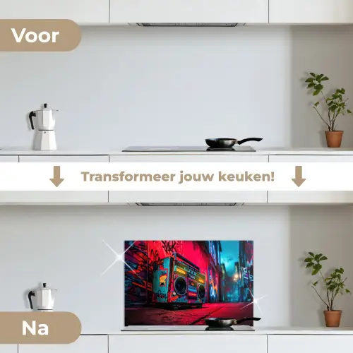 Boombox - Rood - Graffiti - Neon keuken achterwand spatscherm klein -voor_na_NL