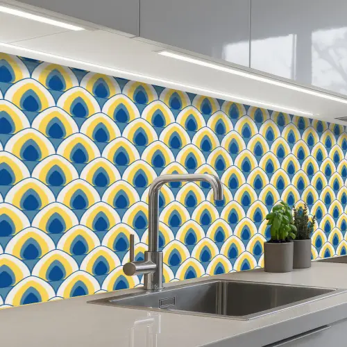 Design - Patroon - Retro - Geel - Blauw keuken achterwand 2 middel 871 -3d_schuin