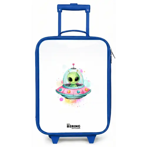Groene alien in kleurrijke UFO Kinderkoffer - Blauw klein -zz3dotto