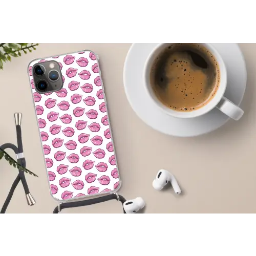 Lippen - Patroon - Roze - Wit Hoesje iPhone 12 Pro met koord klein -oordop