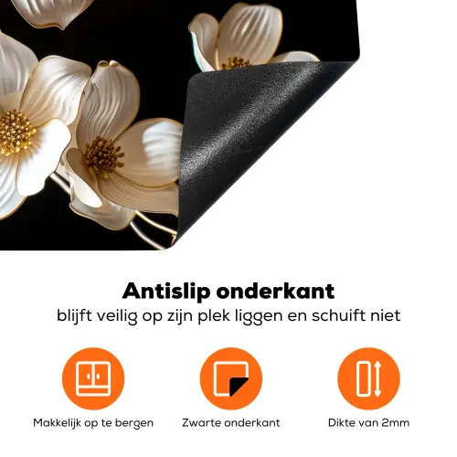 Bloemen - Wit - Goud Inductie beschermer vinyl 3mm klein -zzzzzzz-td-onderkant