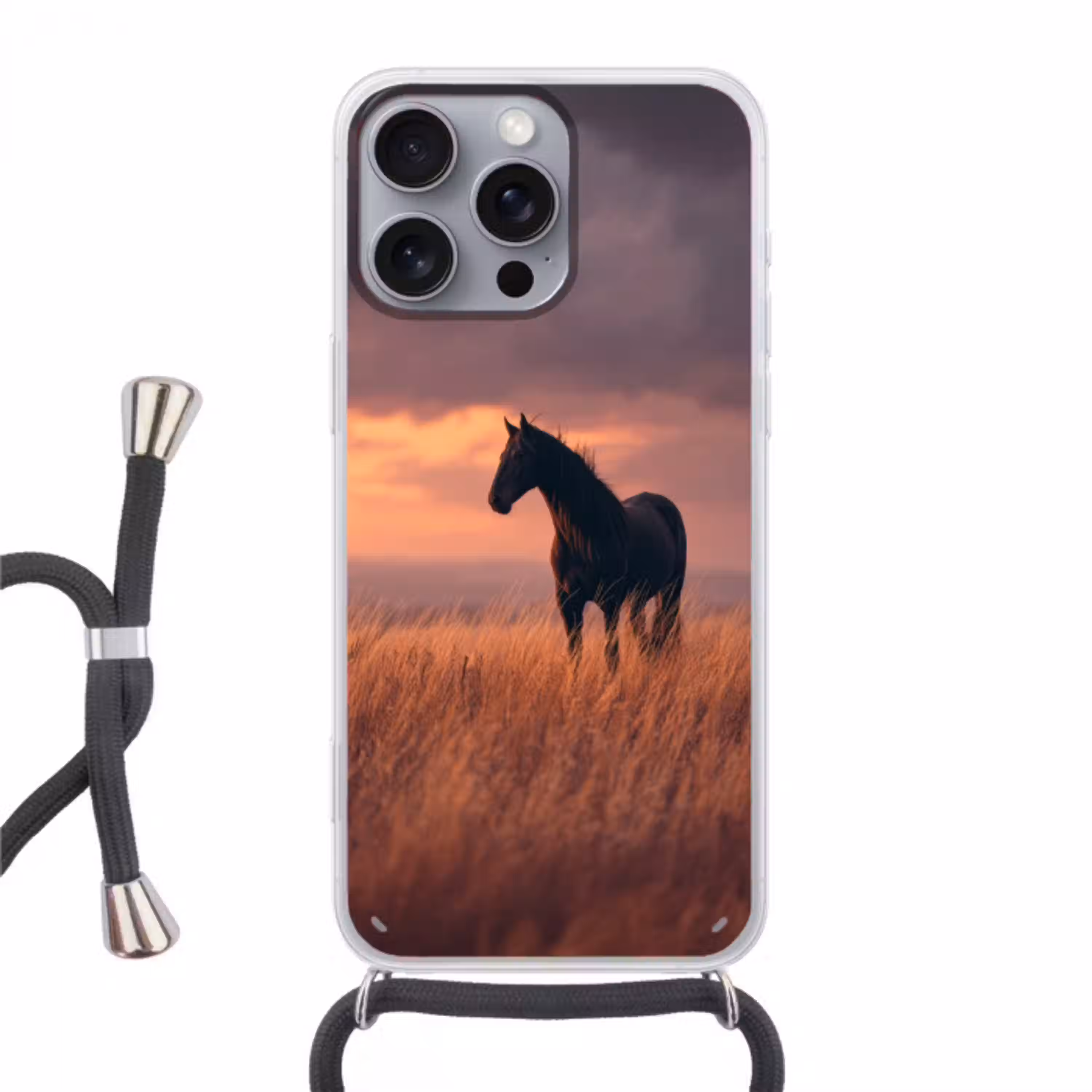 Paard - Wolken - Open veld Hoesje iPhone 16 Pro Max met koord klein -3d
