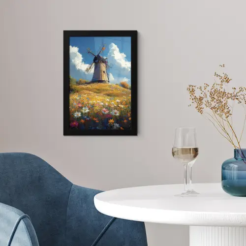 Windmolen - Heuvel - Bloemen - Kleurrijk fotolijst zwart zonder passe partout klein -sfeer4