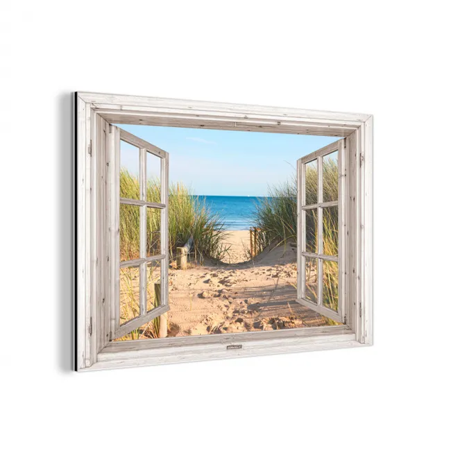 Doorkijk - Strand - Zee - Duinen - Zand - Water - Helmgras aluminium wit klein -3d