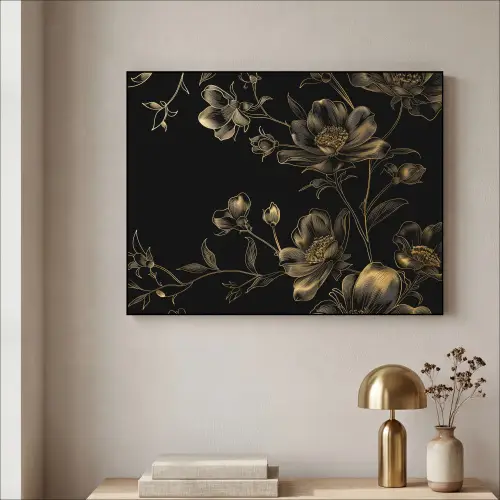 Bloemen - Zwart - Goud - Line art Textielframe zwart klein -sfeer2