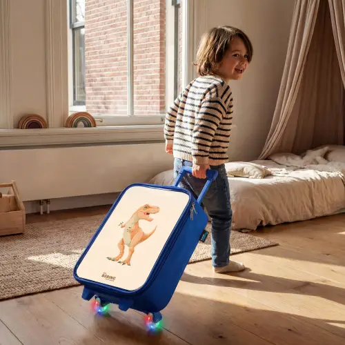 T-rex dino in oranje kleuren Kinderkoffer - Blauw klein -sfeer1
