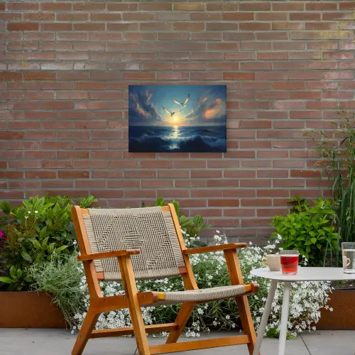 Meeuwen - Zee - Wolken -Blauw Tuinposter op houten frame 2 cm dik klein -sfeer3