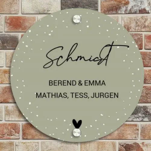 Olijfgroen met stippen - Sierlijk Naambord Rond klein -sfeer2