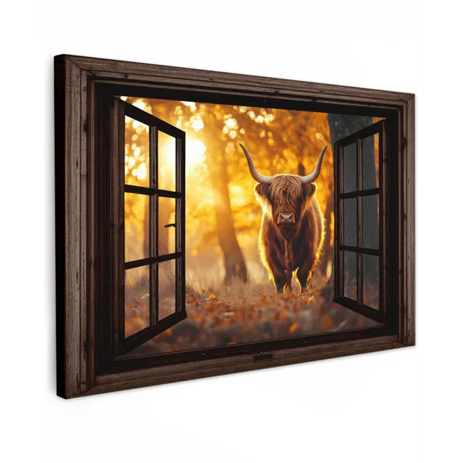 Buiten canvas - Schotse hooglander - Bos - Herfst - Dieren - Natuur - Bladeren - Doorkijk