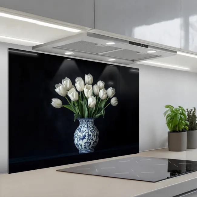 Spritzschutz Küche - Weiß - Blumen - Tulpen - Vase