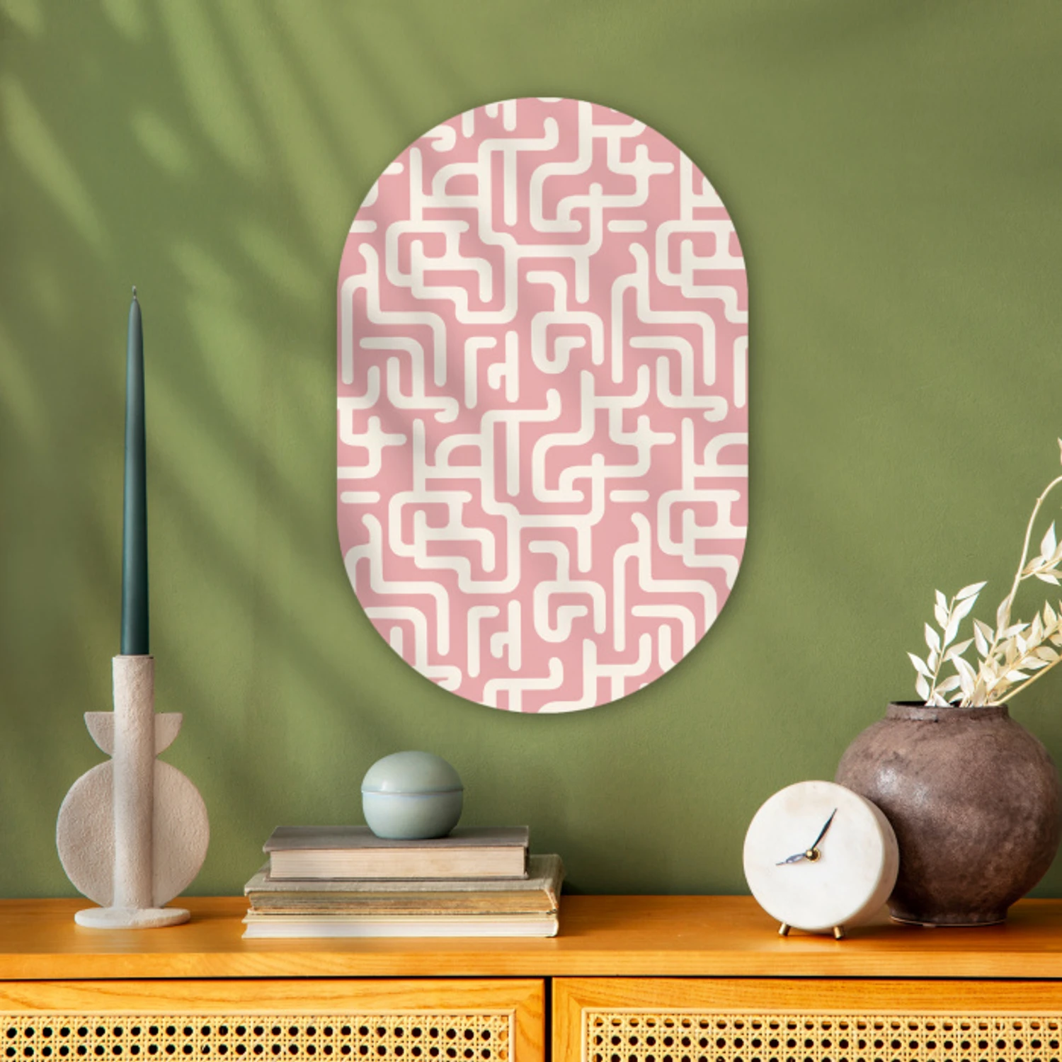 Doolhofpatroon - Roze - Wit - Abstract Wandcirkel Ovaal Forex klein 630 -sfeer2