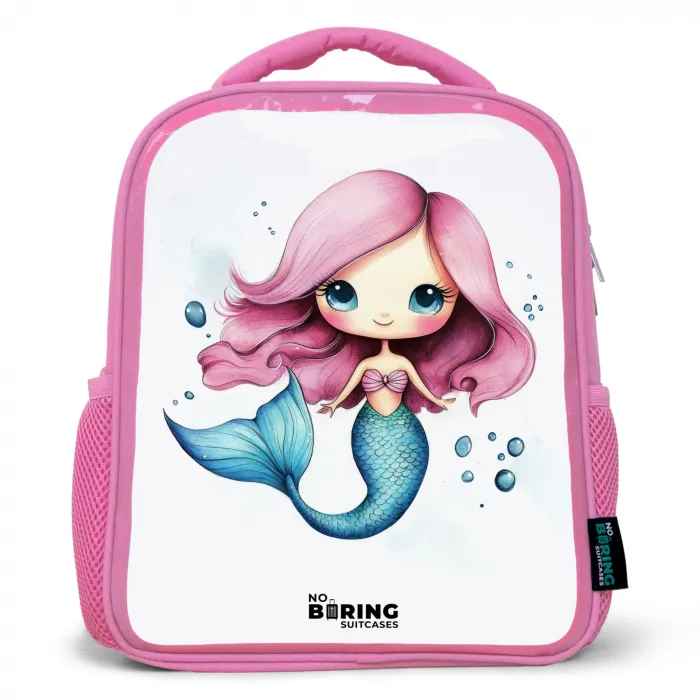Zeemeermin met roze haar en blauwe staart tussen luchtbellen Kinderrugzak - Roze middel -3d