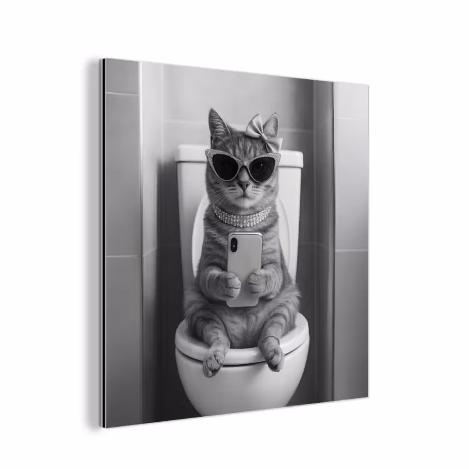 Aluminium schilderij - Kat - Telefoon - Toilet - Zwart - Wit