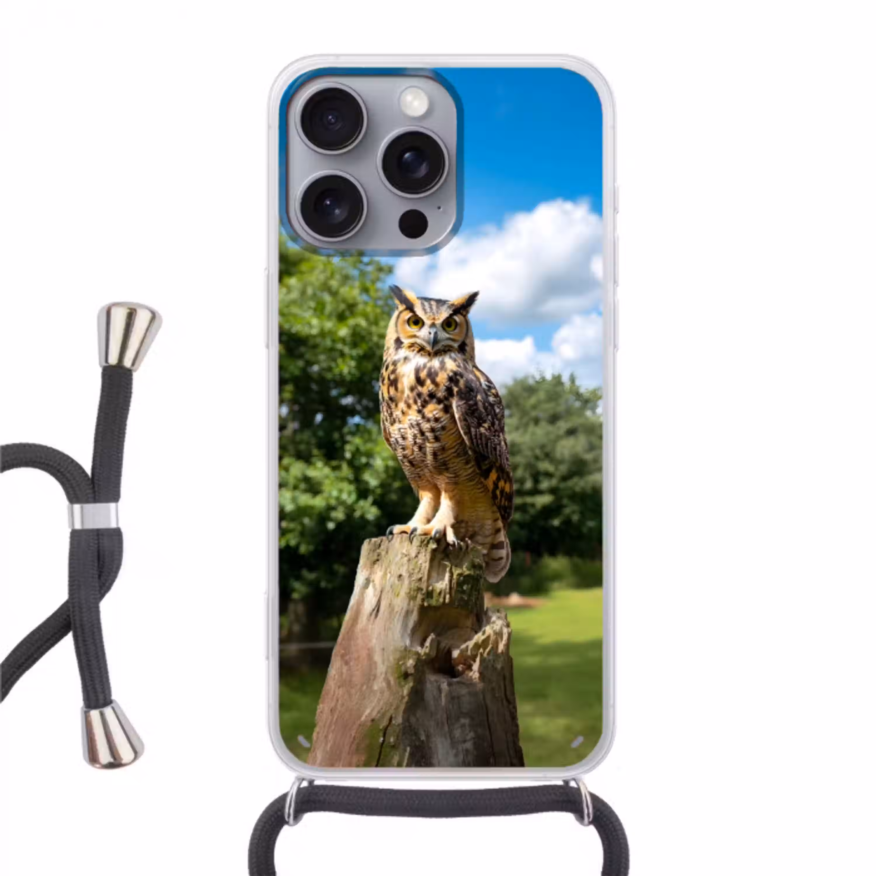 Uil - Boomstronk - Bos - Lucht Hoesje iPhone 16 Pro Max met koord klein -3d