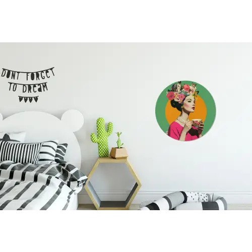 Retro - Vrouw - Stad - Zon Wandcirkel aluminium klein -kinderkamer