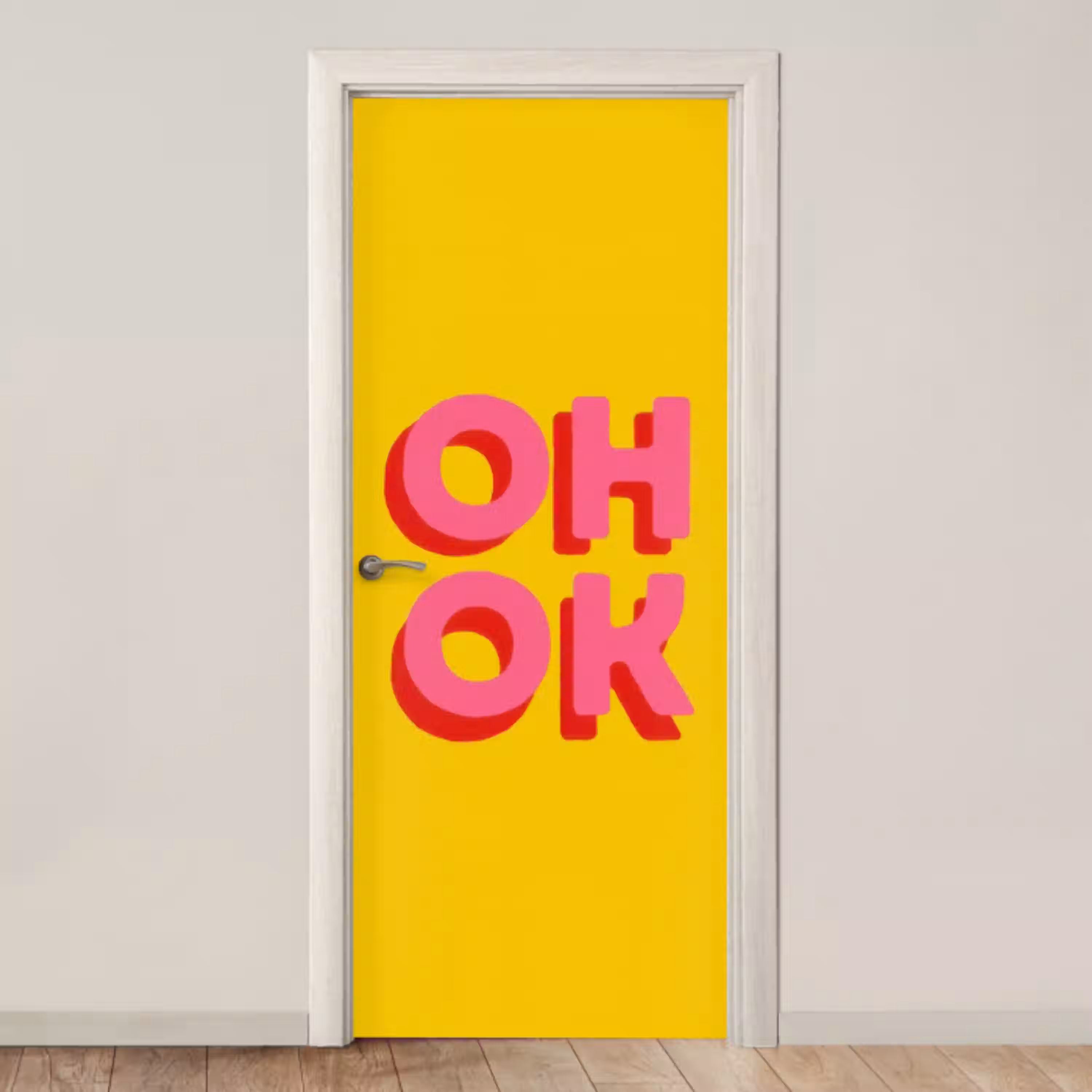 Oh ok - 3D - Geel - Roze deurposter klein -3d_beige