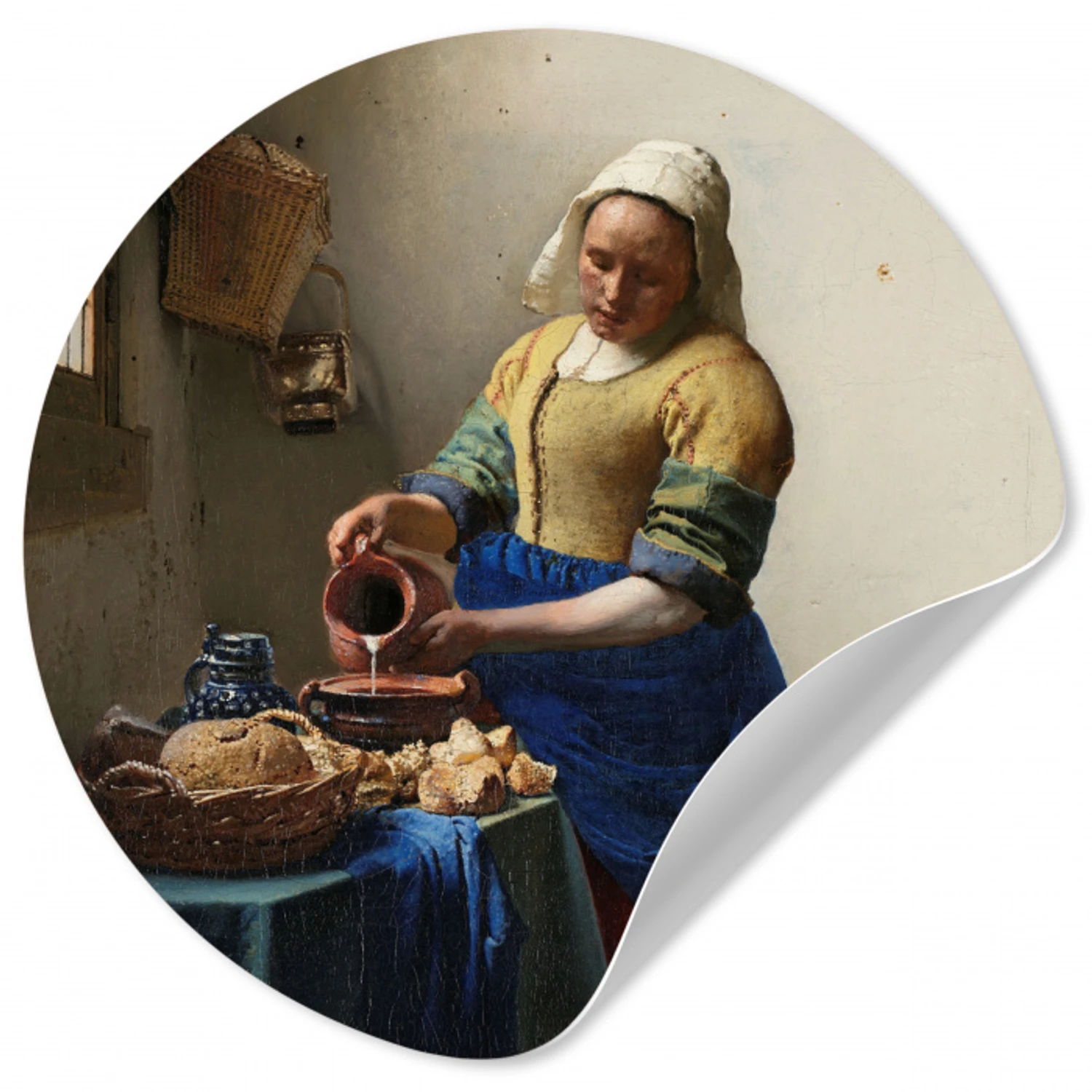 Het melkmeisje - Schilderij van Johannes Vermeer Wandcirkel behangsticker klein -3d