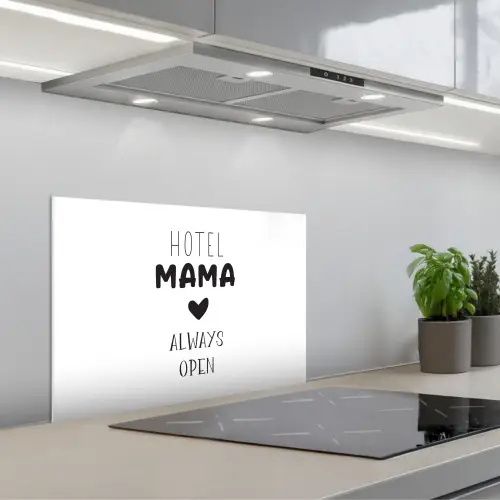 Spreuken - Hotel mama always open - Quotes - Mama keuken achterwand spatscherm klein -3d_schuin